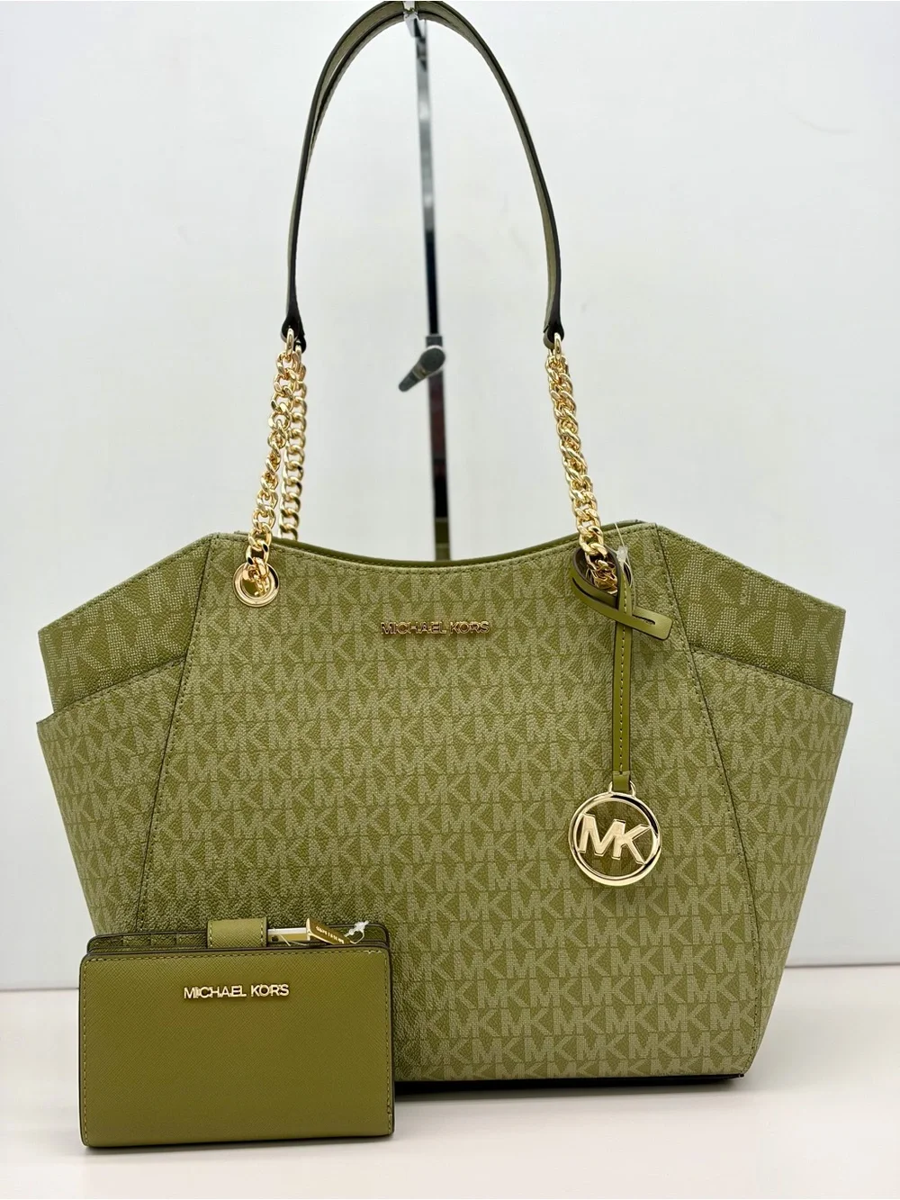 Michael Kors Olive Green MK Signature Chain Tote Shoulder Bag with Wallet Set